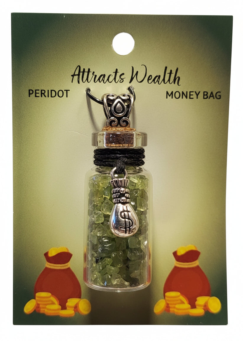 Gemstone Chip Bottle Necklace - Peridot w/ Money Bag