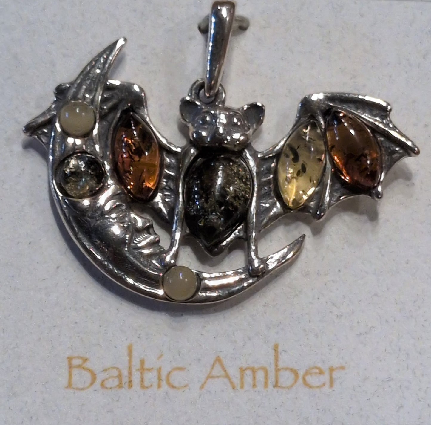 Bat Moon w/ Baltic Amber Sterling Silver Pendant