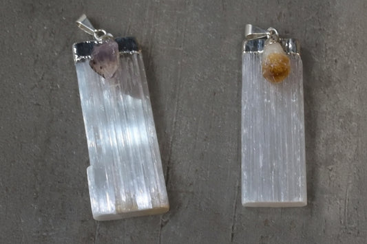Selenite Pendant with crystal point- Amethyst or Citrine