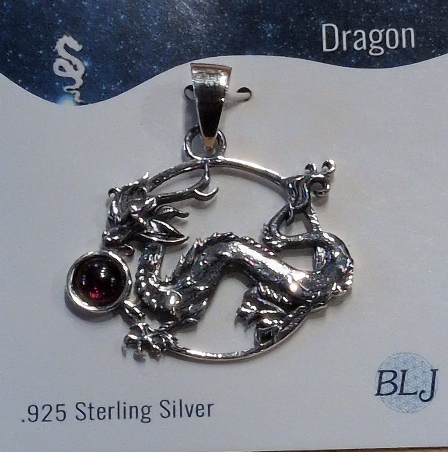 Dragon w/ Red Garnet Sterling Silver Pendant