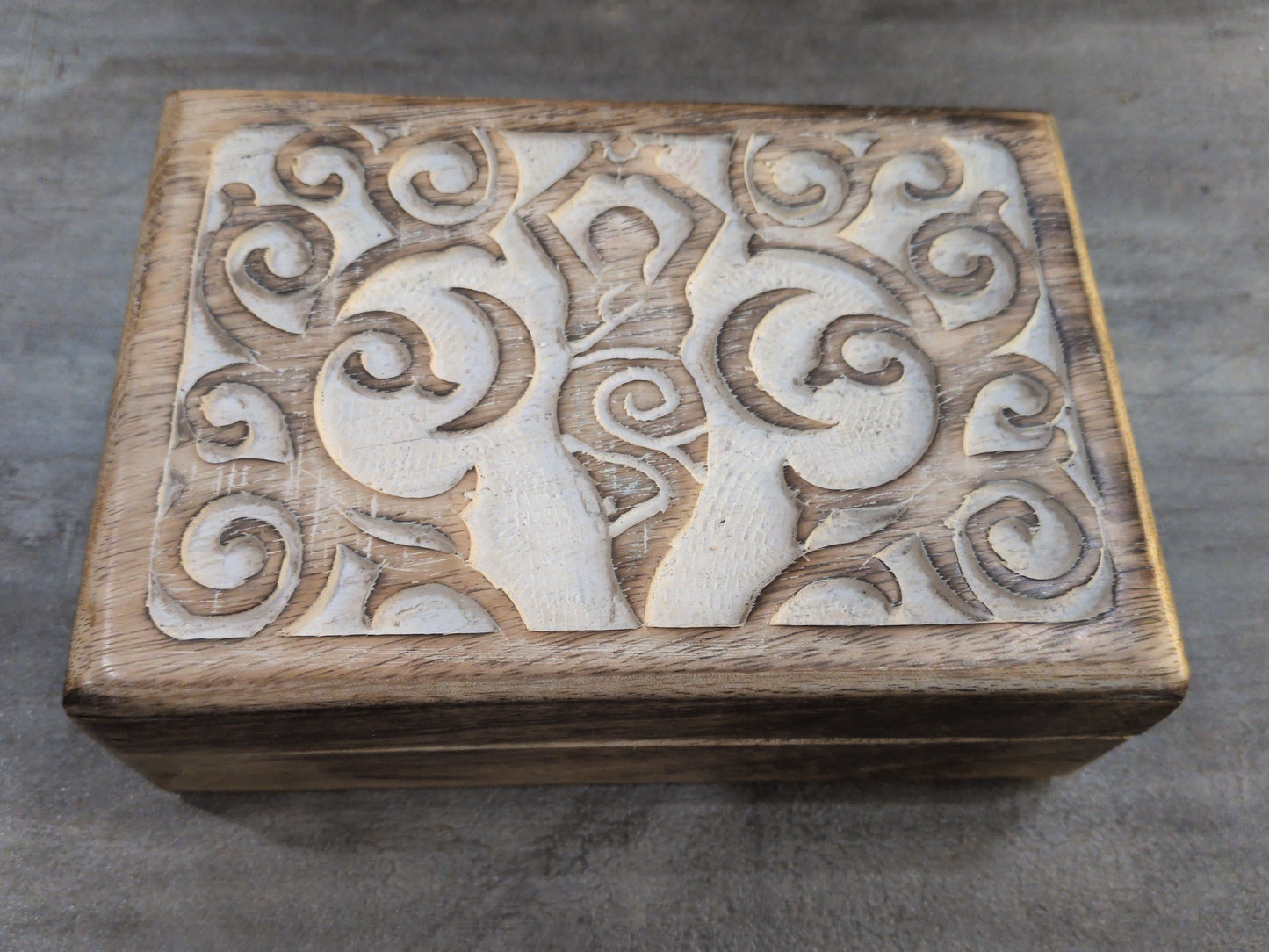 Whitewashed carved Goddess wood Tarot storage box