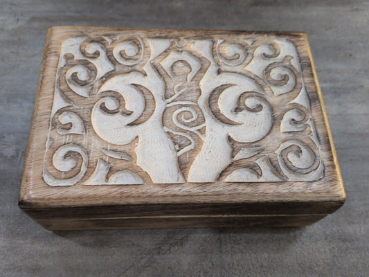 Whitewashed carved Goddess wood Tarot storage box