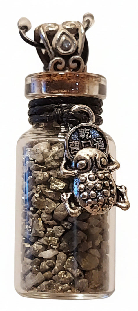 Gemstone Chip Bottle Necklace - Pyrite w/ Money Frog