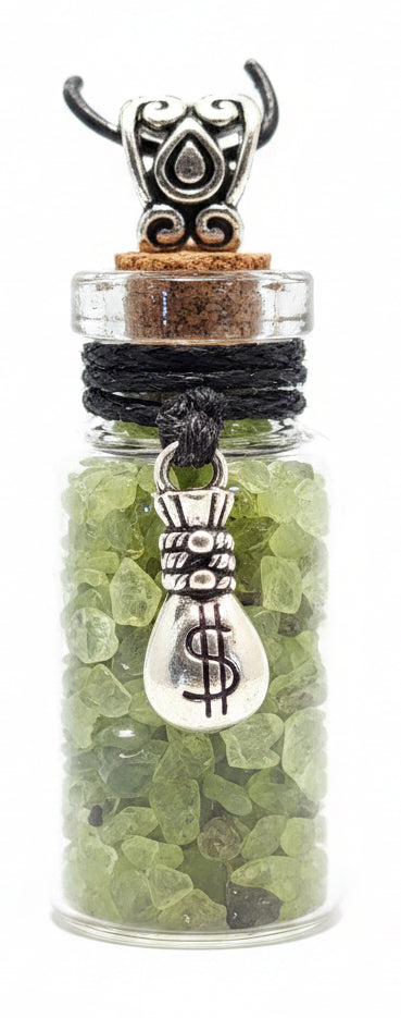 Gemstone Chip Bottle Necklace - Peridot w/ Money Bag