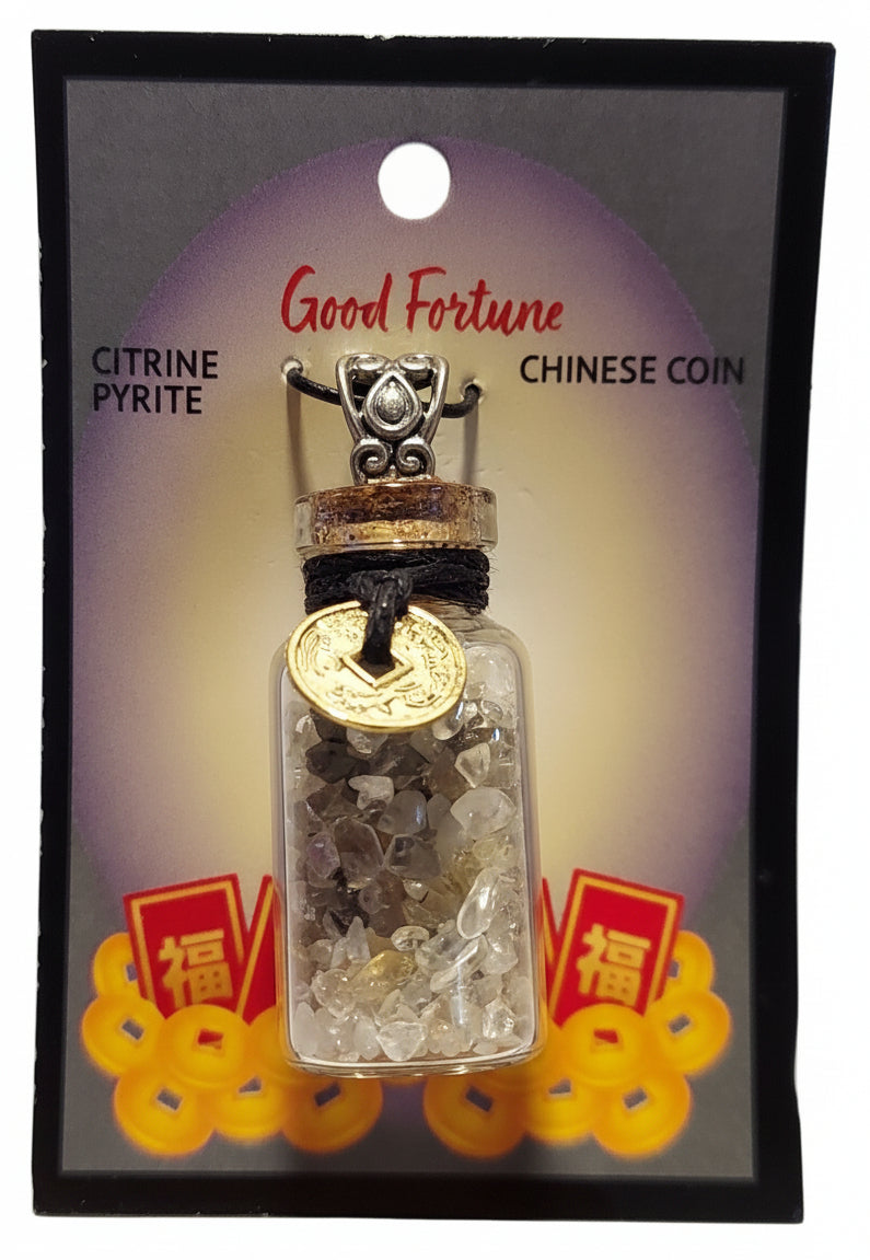 Gemstone Chip Bottle Necklace - Citrine & Pyrite w/Coin