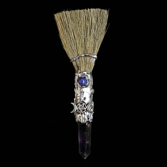 Silver Goddess/ Pentacle Amethyst Crystal Broom Wand