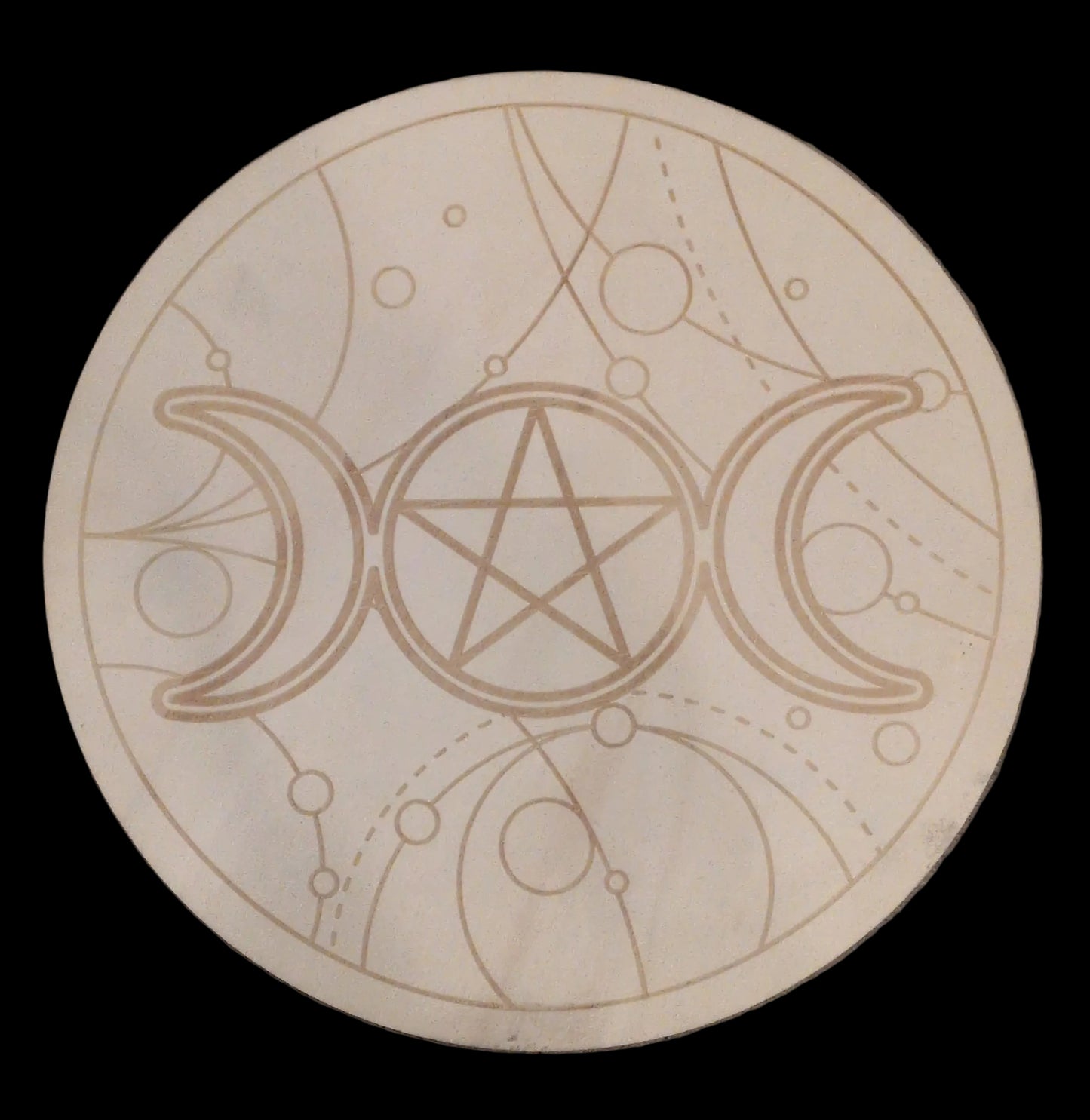 12" wood Burned Triple Moon Crystal Grid