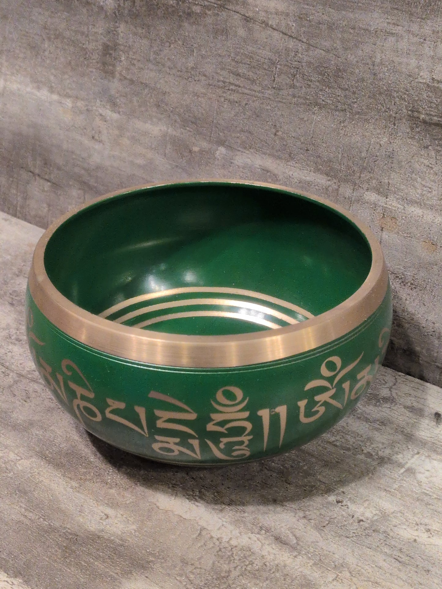 5" Om Green Painted Brass Tibetan Singing Bowl w/ striker