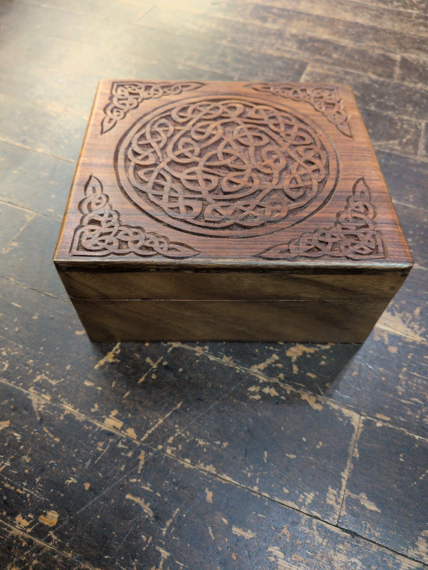Square Celtic knot carved wood box