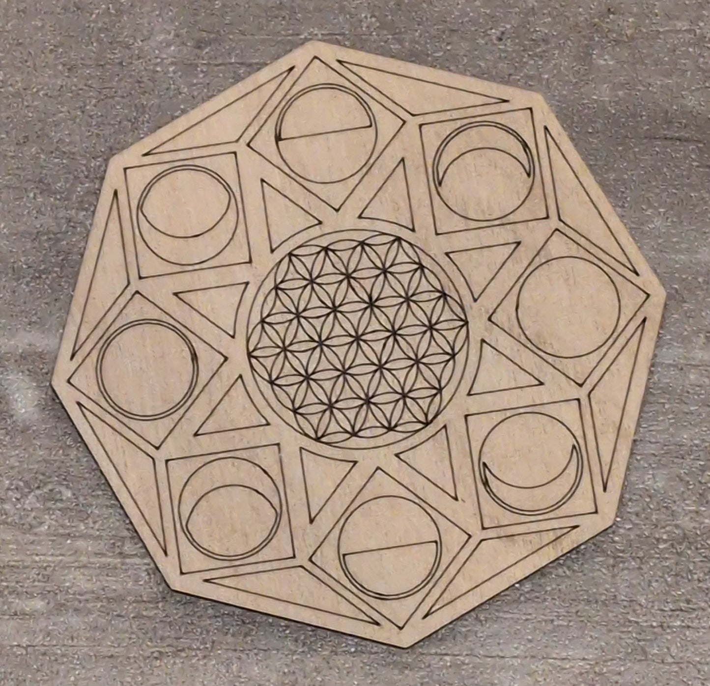 4" Wood Burned Moon Phases & Sacred Geometry Crystal Grid