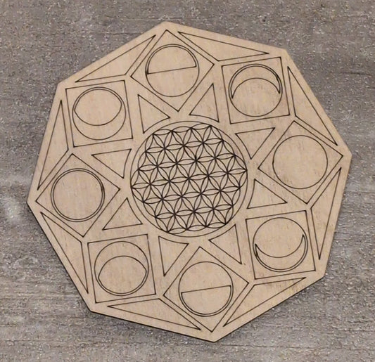 4" Wood Burned Moon Phases & Sacred Geometry Crystal Grid