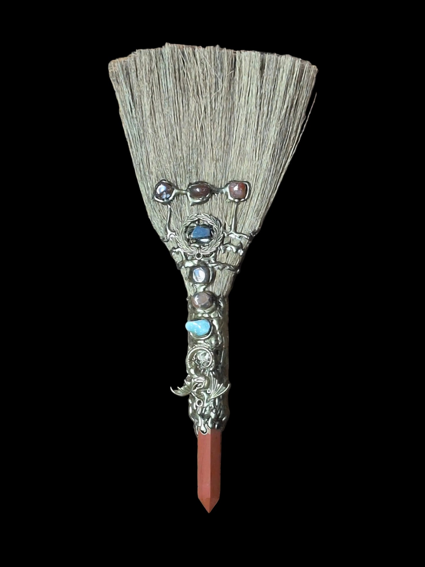 Golden Dragon w/ Wreath Red Jasper Crystal Broom Wand