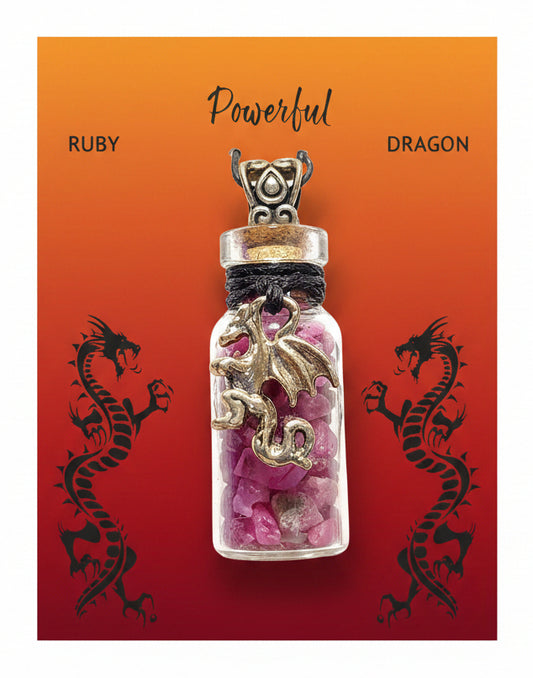 Gemstone Chip Bottle Necklace - Ruby w/ Dragon