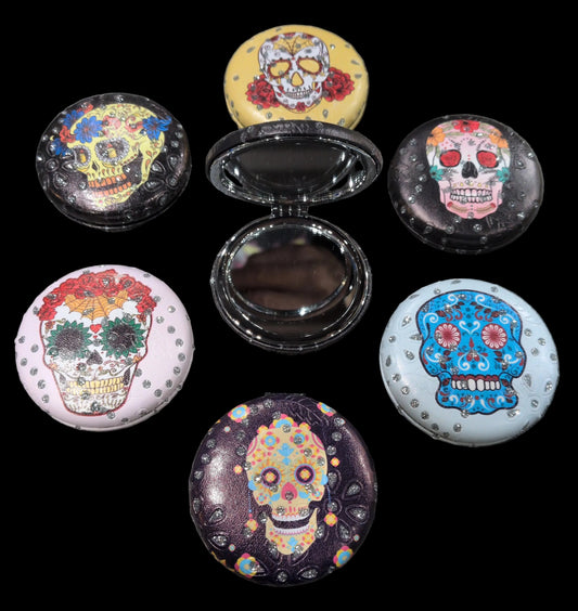 Assorted Day of the Dead-Sugar Skulls 2 in 1 round compact mirror w/ magnifying mirror