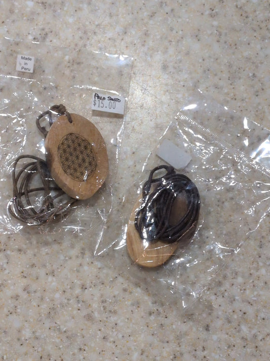 Palo Santo wood sacred geometry necklace w leather Cord