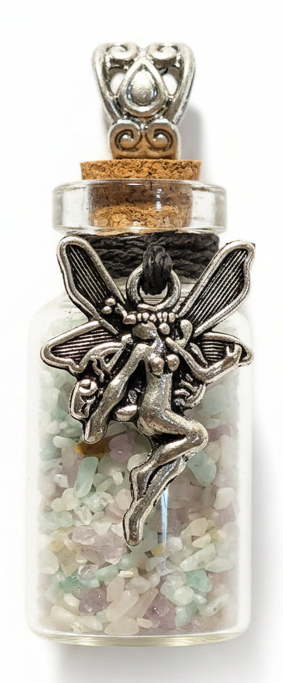 Gemstone Chip Bottle Necklace - Amethyst & Amazonite w/Fairy