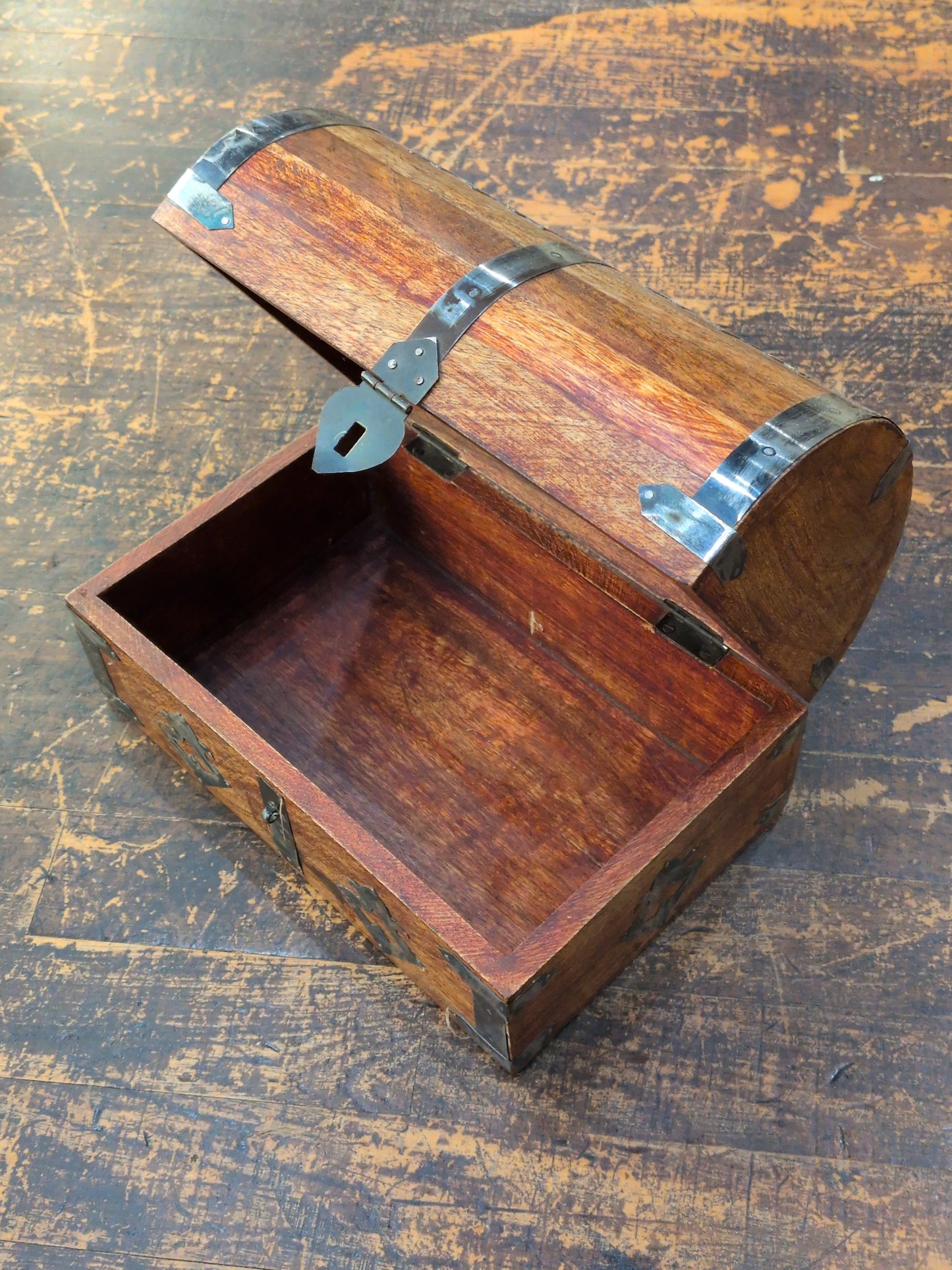 Large wood chest with metal accents