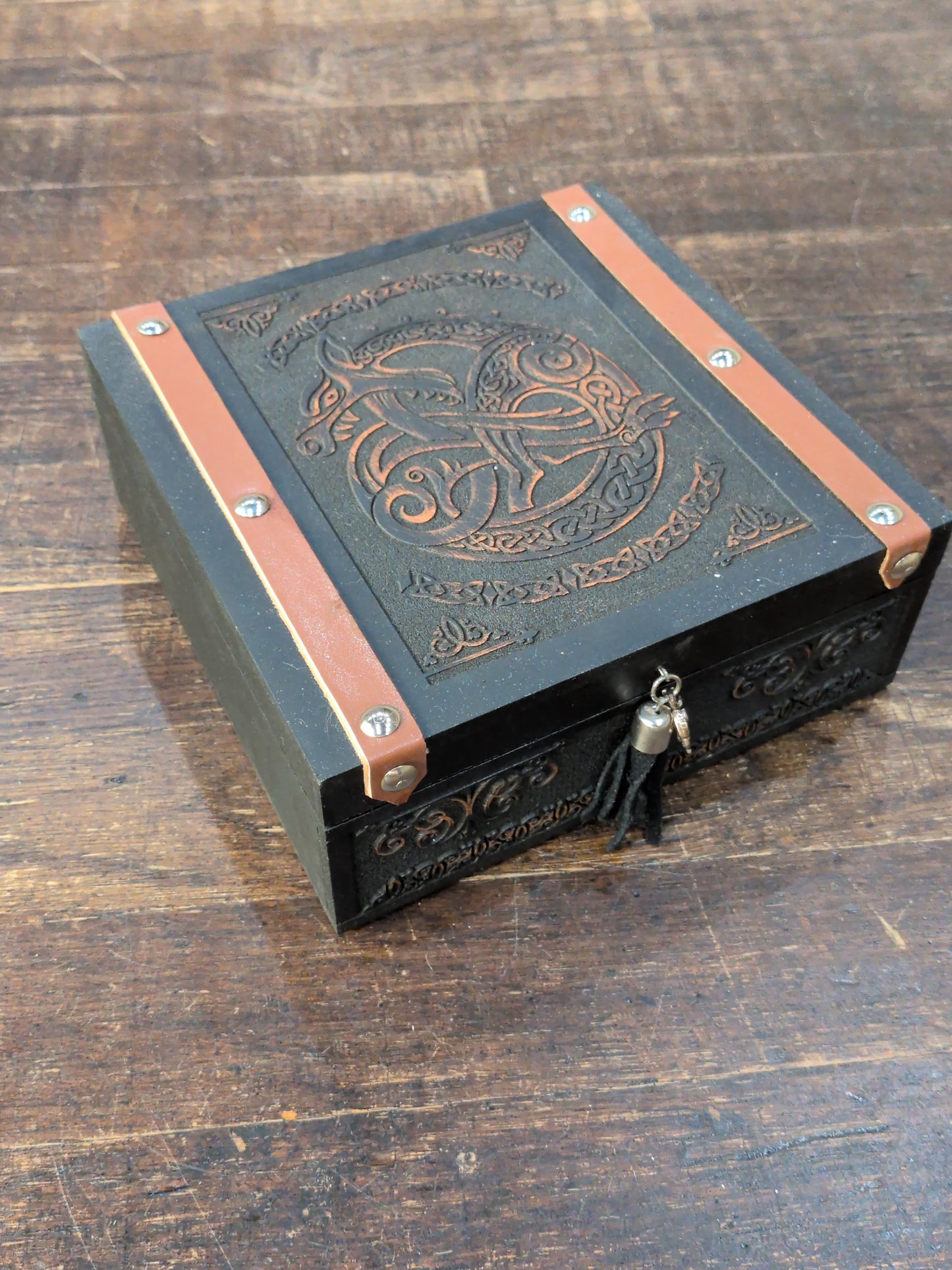Black Celtic Dragon wood/Leather box with tassel