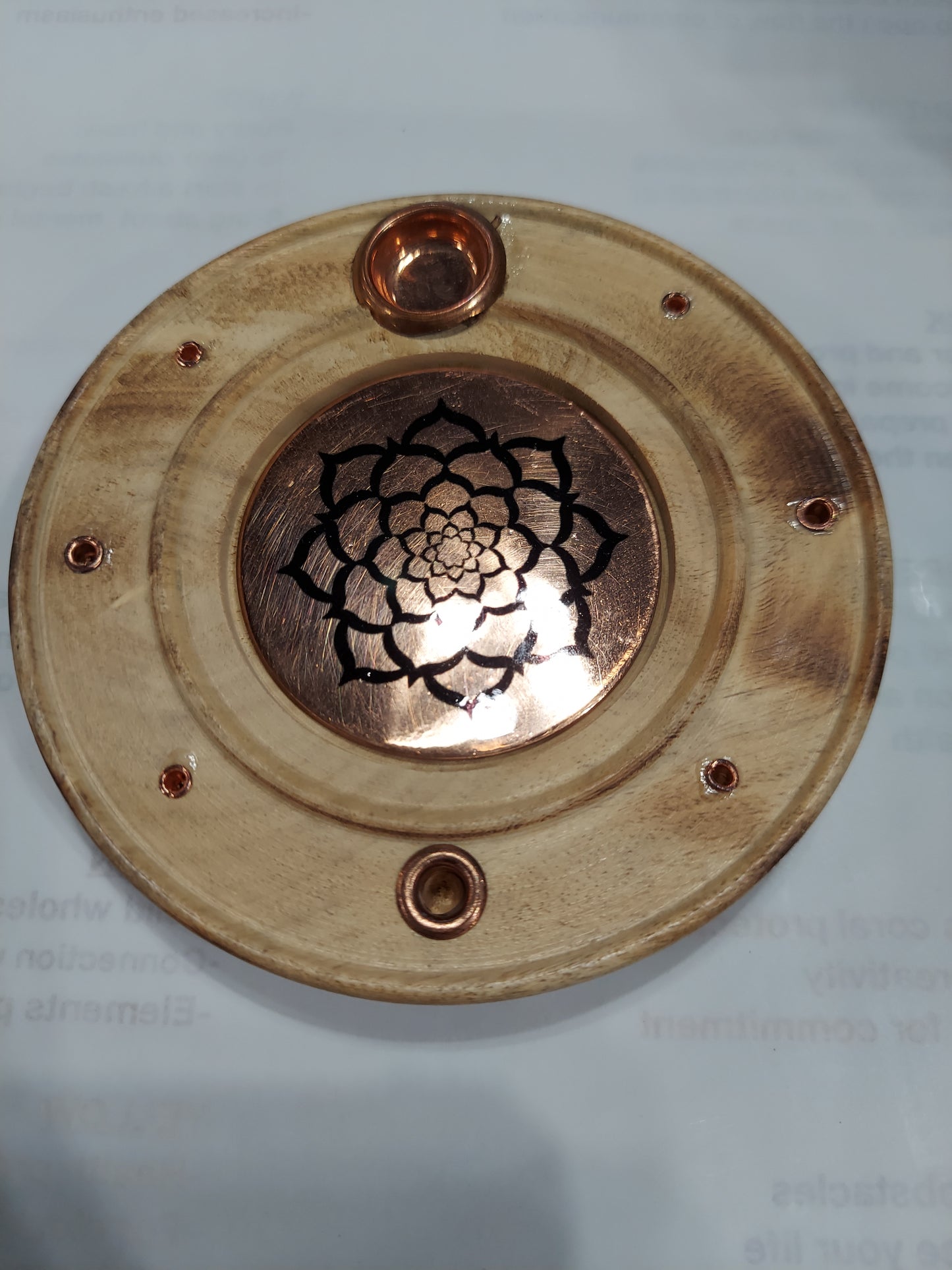 Wooden Round Incense Burner w/Copper Lotus