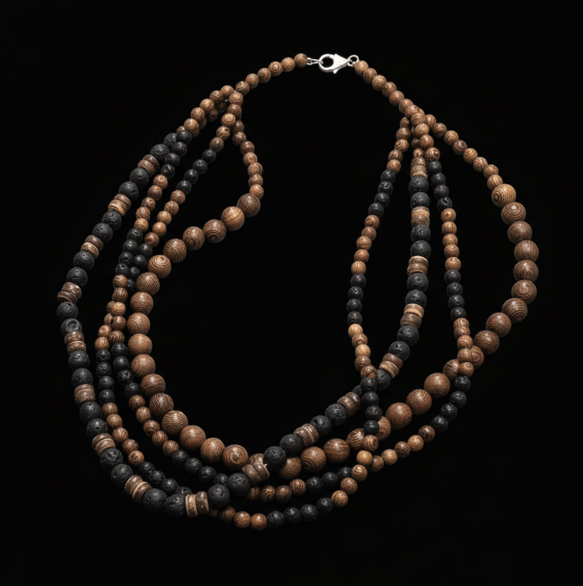 4 Strand Wood & Lava Beaded Choker- Mala