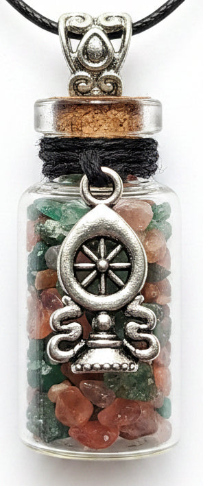 Gemstone Chip Bottle Necklace -Jade & Carnelian w/ Buddhist Wheel