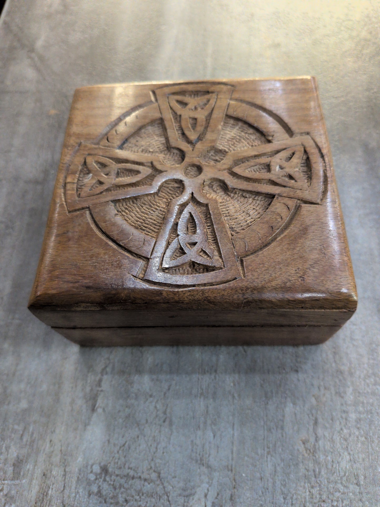 Square carved Celtic Cross wood box