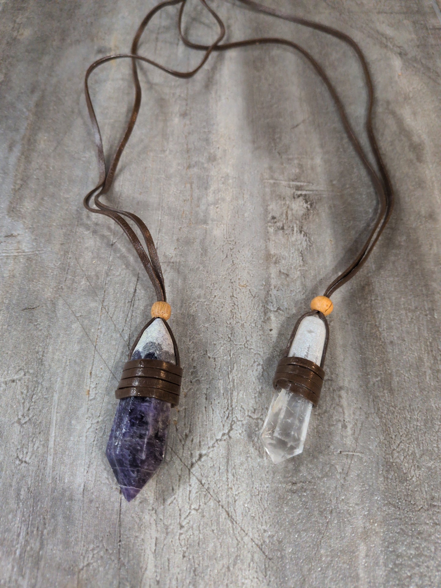 Clear Quartz or Amethyst Leather wrapped Crystal Point with Attached Leather Cord