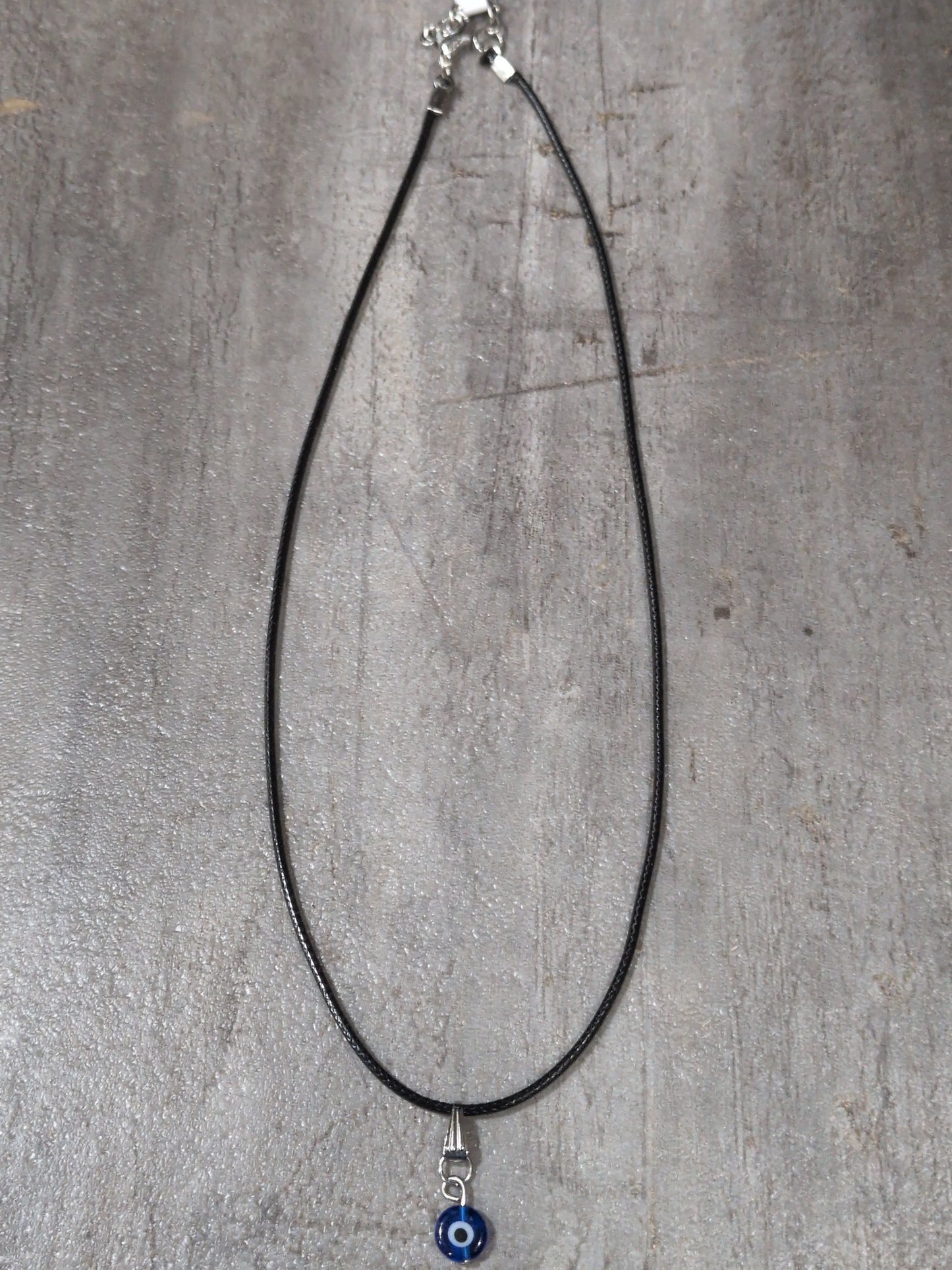 Evil Eye Talisman (small) Blue Glass with black leather Cord-18" w/ extender clasp