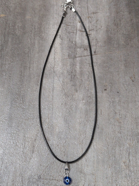 Evil Eye Talisman (small) Blue Glass with black leather Cord-18" w/ extender clasp