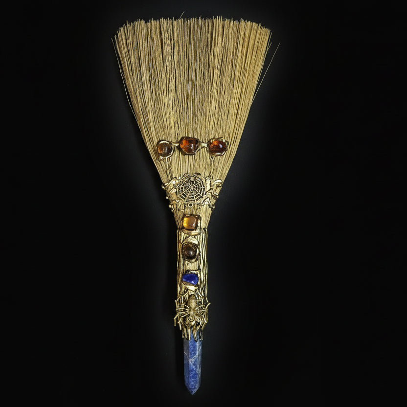Golden Spider Lapis Crystal Broom Wand