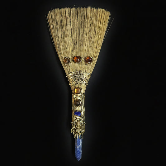 Golden Spider Lapis Crystal Broom Wand