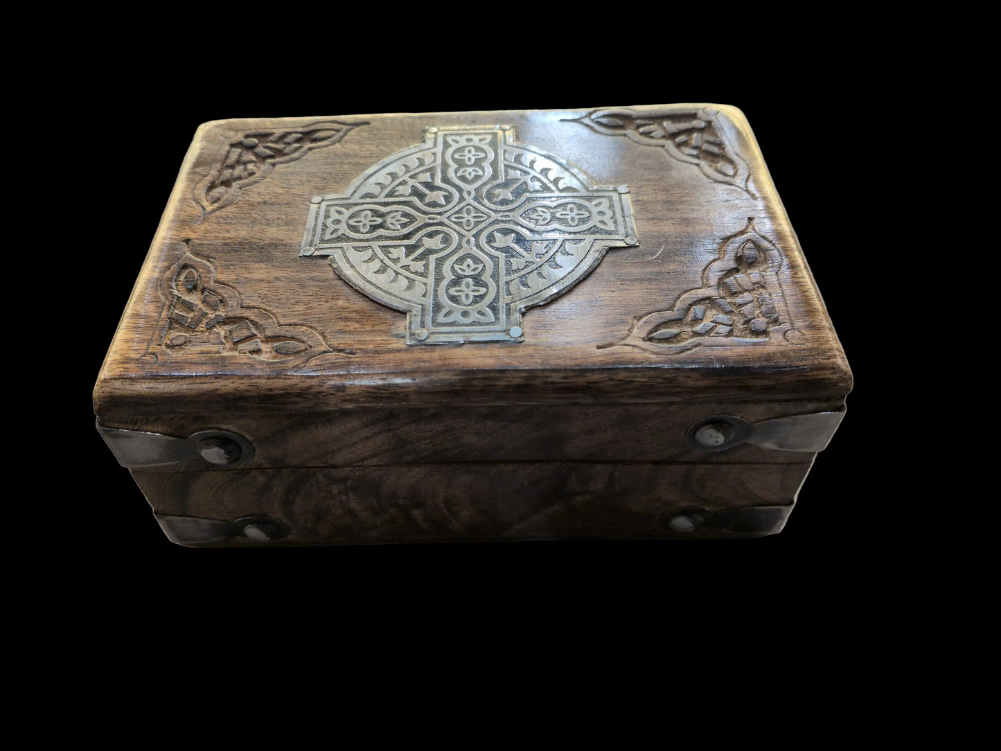 Celtic Cross chest wood Tarot storage box w/ etched steel applique