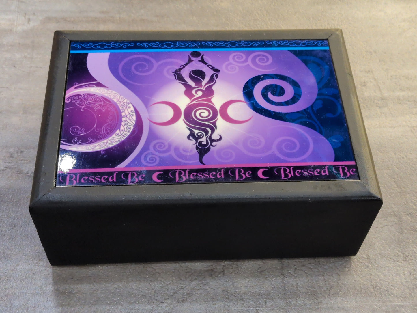 Goddess moon phases printed black wood Tarot storage box