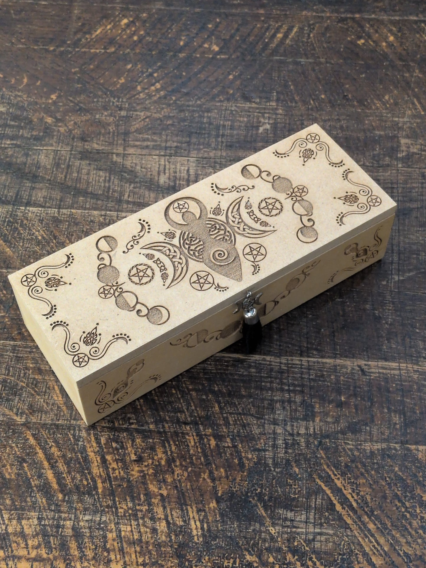 Machine carved Goddess & Moons MDF wood box with tassel