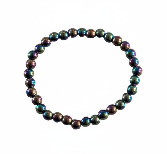 Elastic Bracelet 6mm Round Beads -Oxidized/Rainbow Hematite
