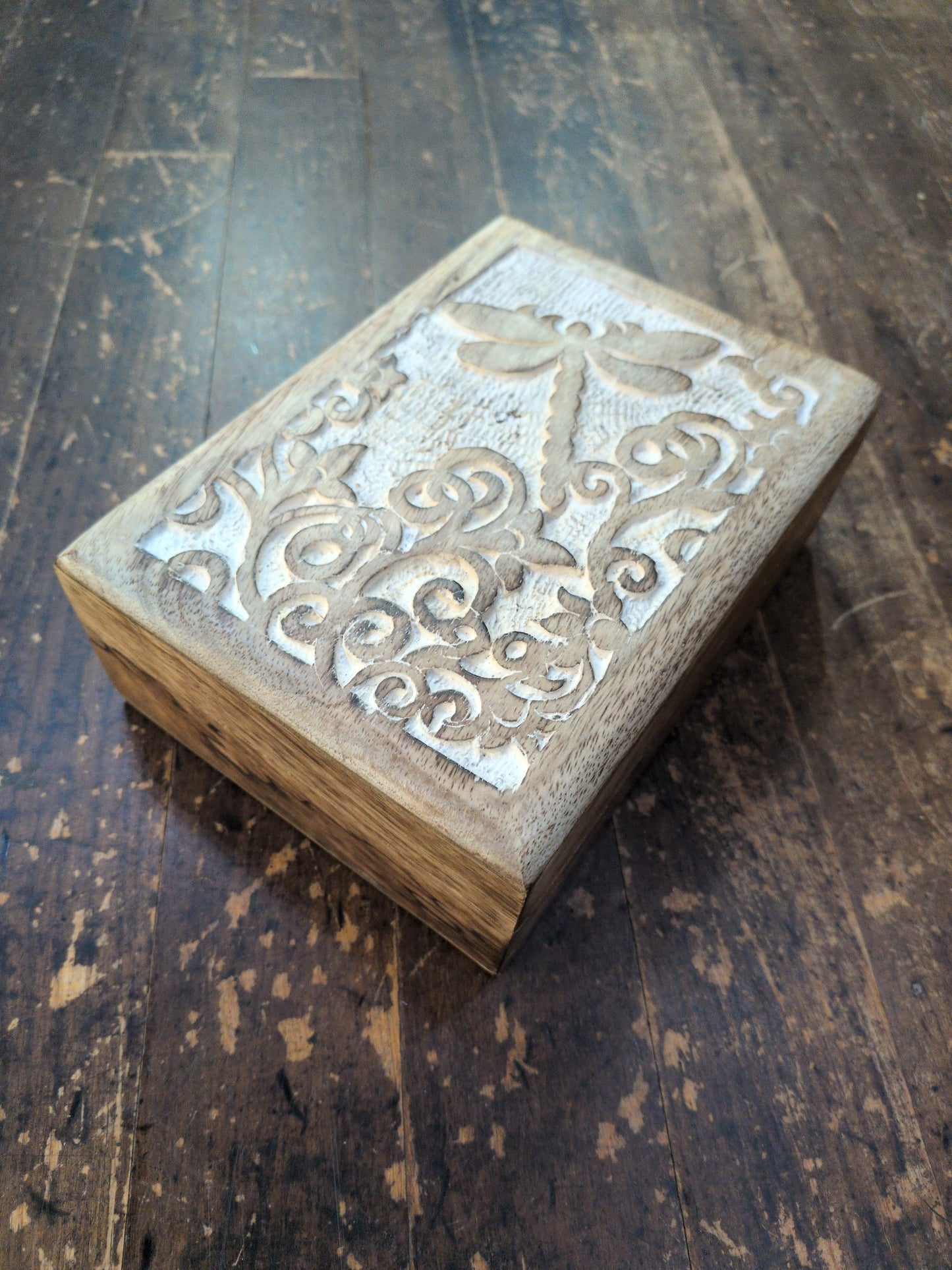 Whitewashed carved Dragonfly wood Tarot storage box