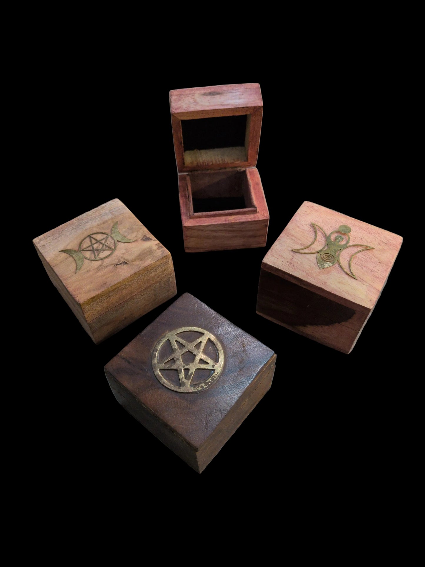 Assorted small wood box w/ brass pagan symbol applique