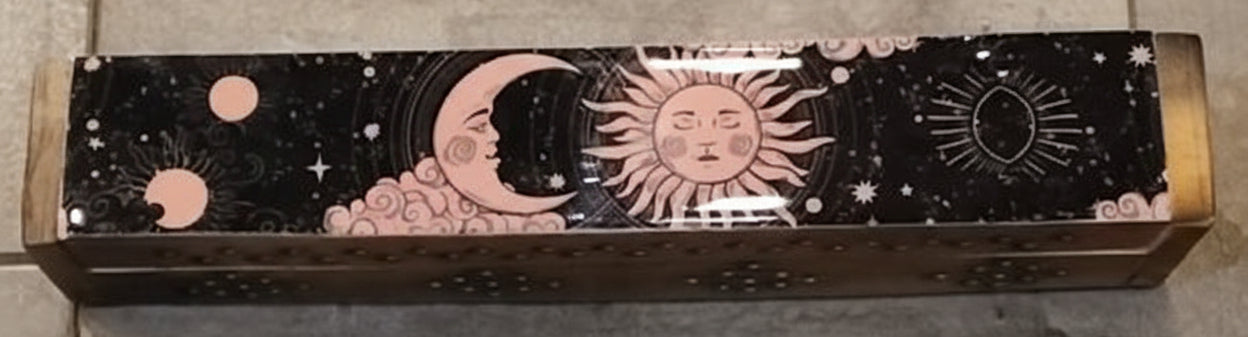 Wooden Incense Coffin Box w/ Top Enameled Decorative Panel