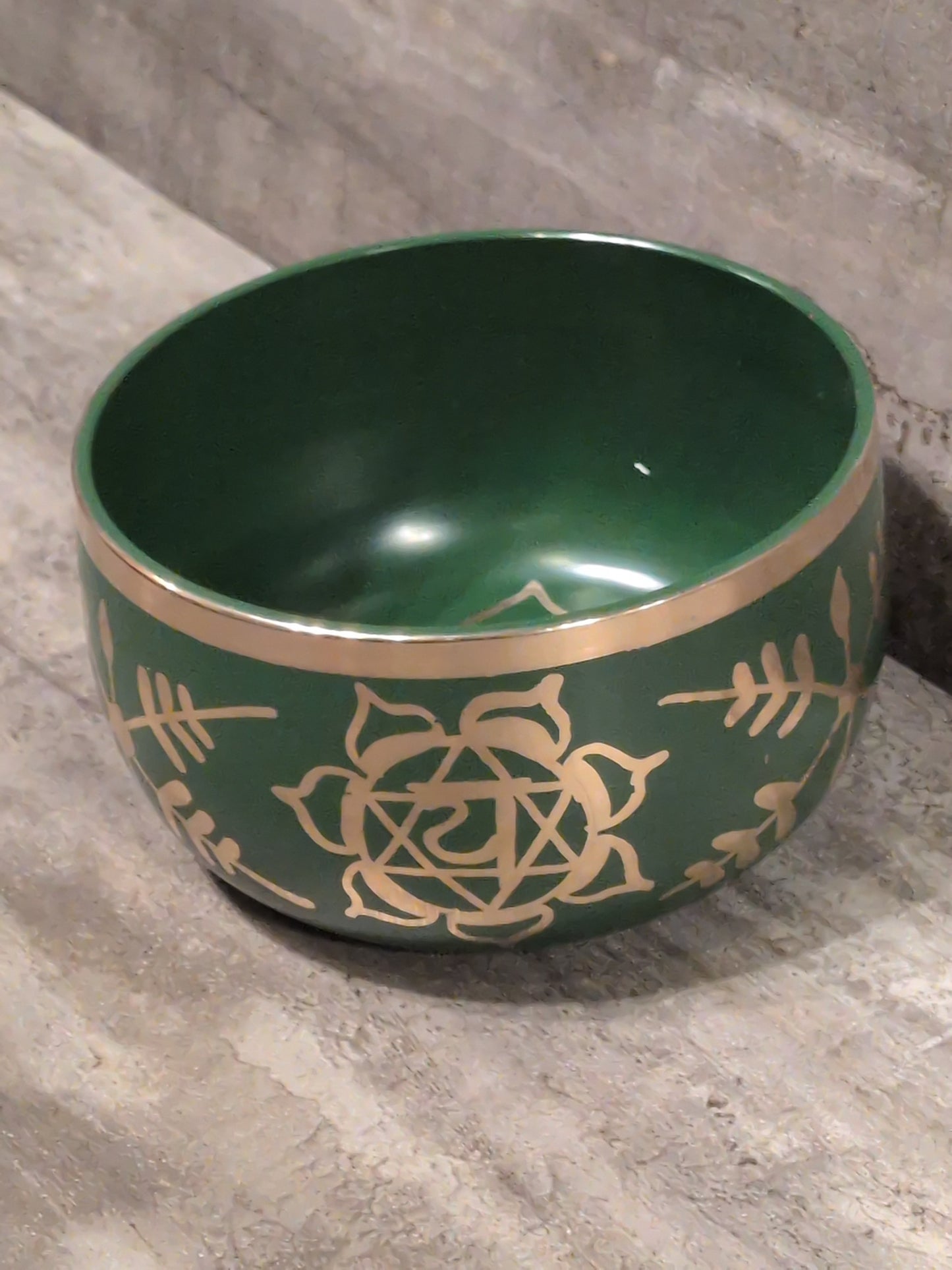 4 1/2"  Anahata ( Heart Chakra ) Green Painted Brass Tibetan Singing Bowl w/ striker