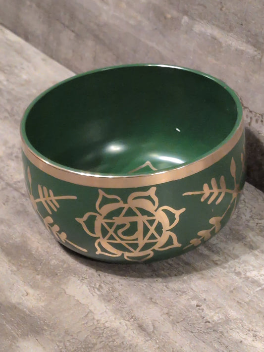 4 1/2"  Anahata ( Heart Chakra ) Green Painted Brass Tibetan Singing Bowl w/ striker
