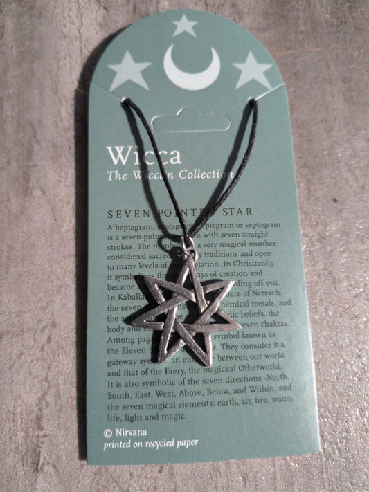 Wicca- Seven Pointed Star Pewter Pendant w/ Leather cord