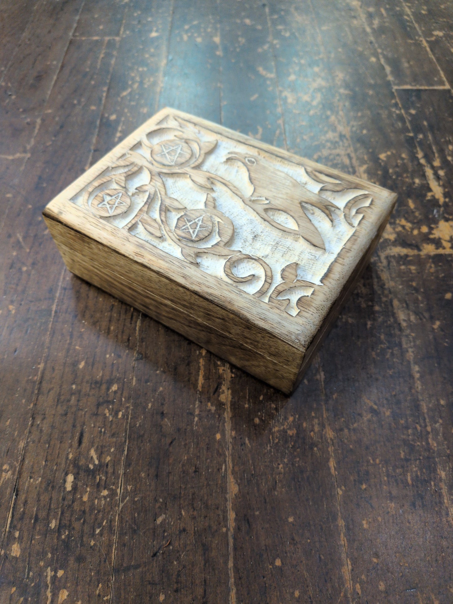 Whitewashed carved Raven wood Tarot storage box