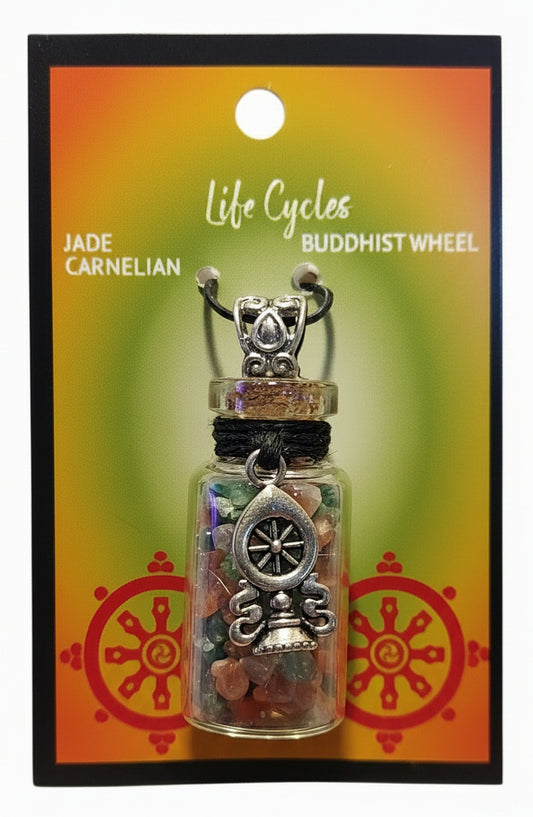 Gemstone Chip Bottle Necklace -Jade & Carnelian w/ Buddhist Wheel