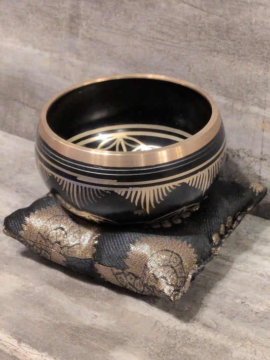 4" Flower of Life Black Painted Brass Tibetan Singing Bowl w/ pillow & striker