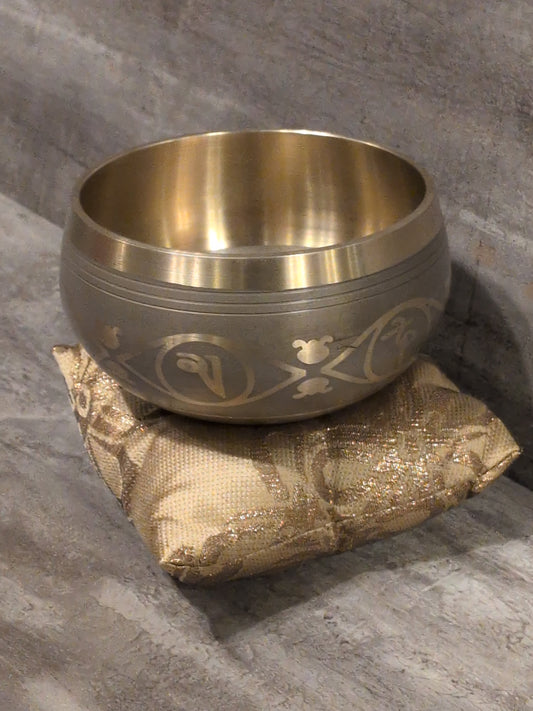 4" Machine Carved Tree of Life Brass Tibetan Singing Bowl w/ pillow & striker