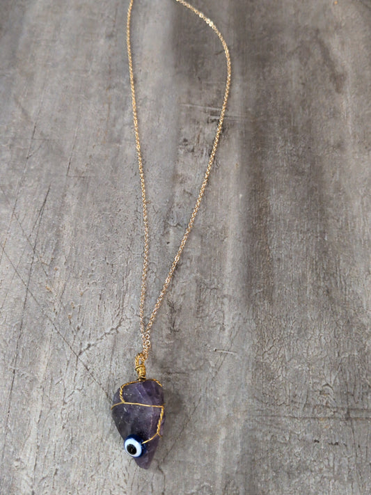 Wire wrapped Amethyst crystal Evil Eye Pendant w/gold metal plated chain