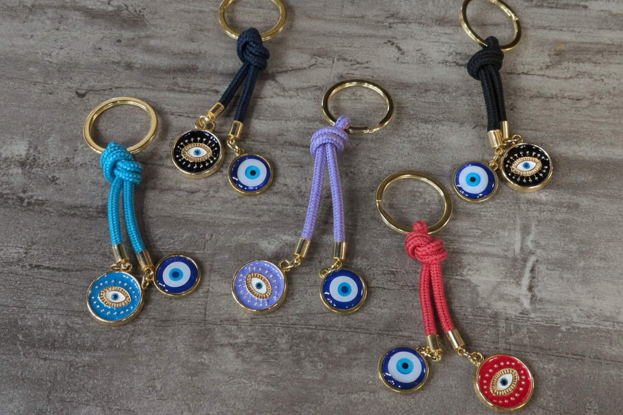 Evil Eye Rope key chain w/ 2 Pendants- Assorted colors