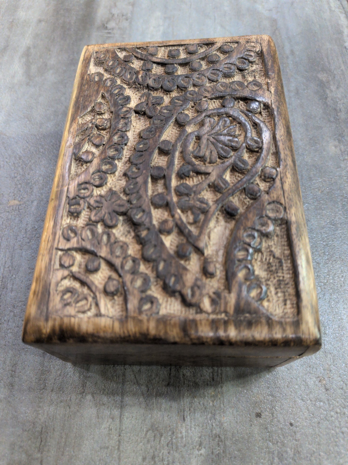 Hand carved Paisley design wood Tarot storage box
