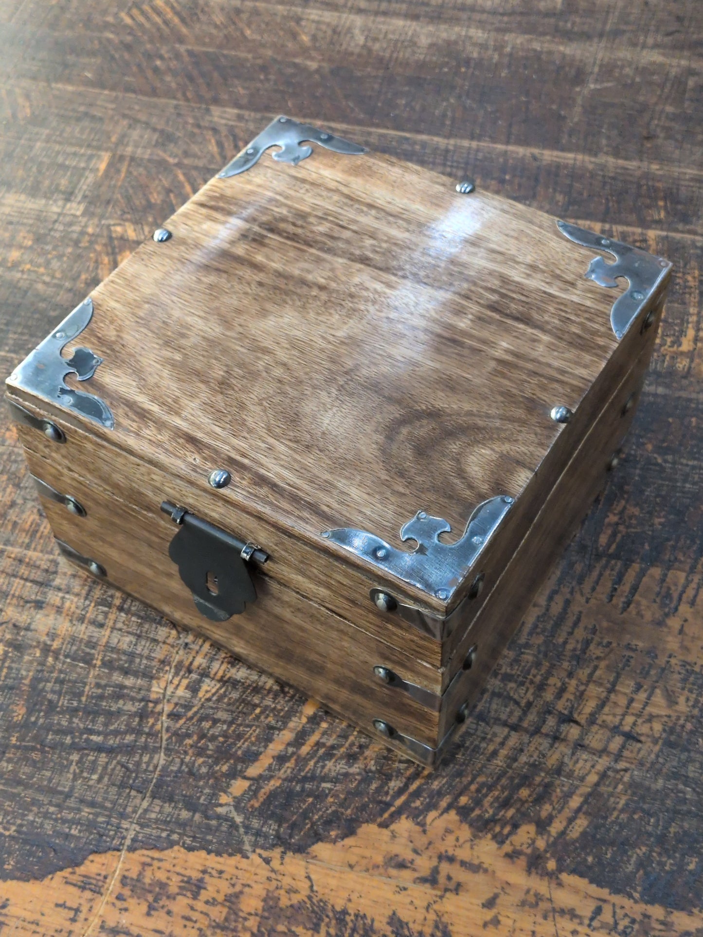 Large square wood chest with metal accents