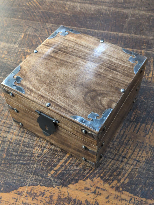 Large square wood chest with metal accents